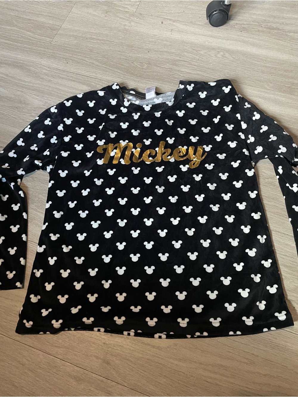 Disney Black Long-Sleeve Top with White Mickey Heads and Gold Script